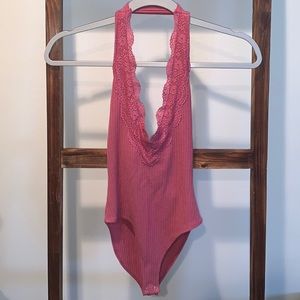 Forever 21 Ribbed Lace Trimmed Halter Bodysuit
